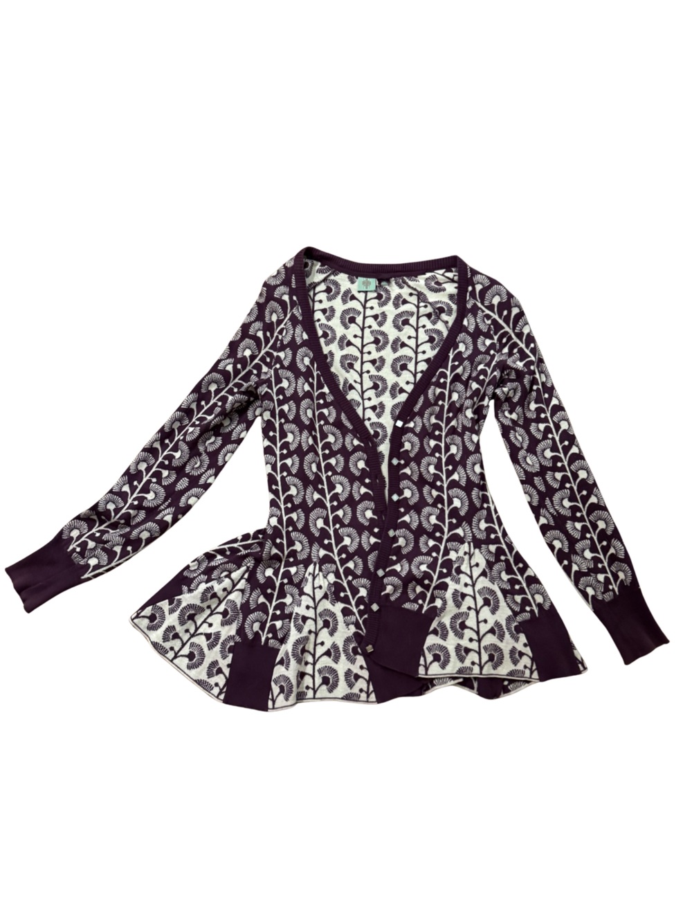 Anthropologie Purple and Cream Patterned Knit Cardigan